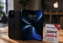 Prototype d’iPhone pliable exposé sur une table