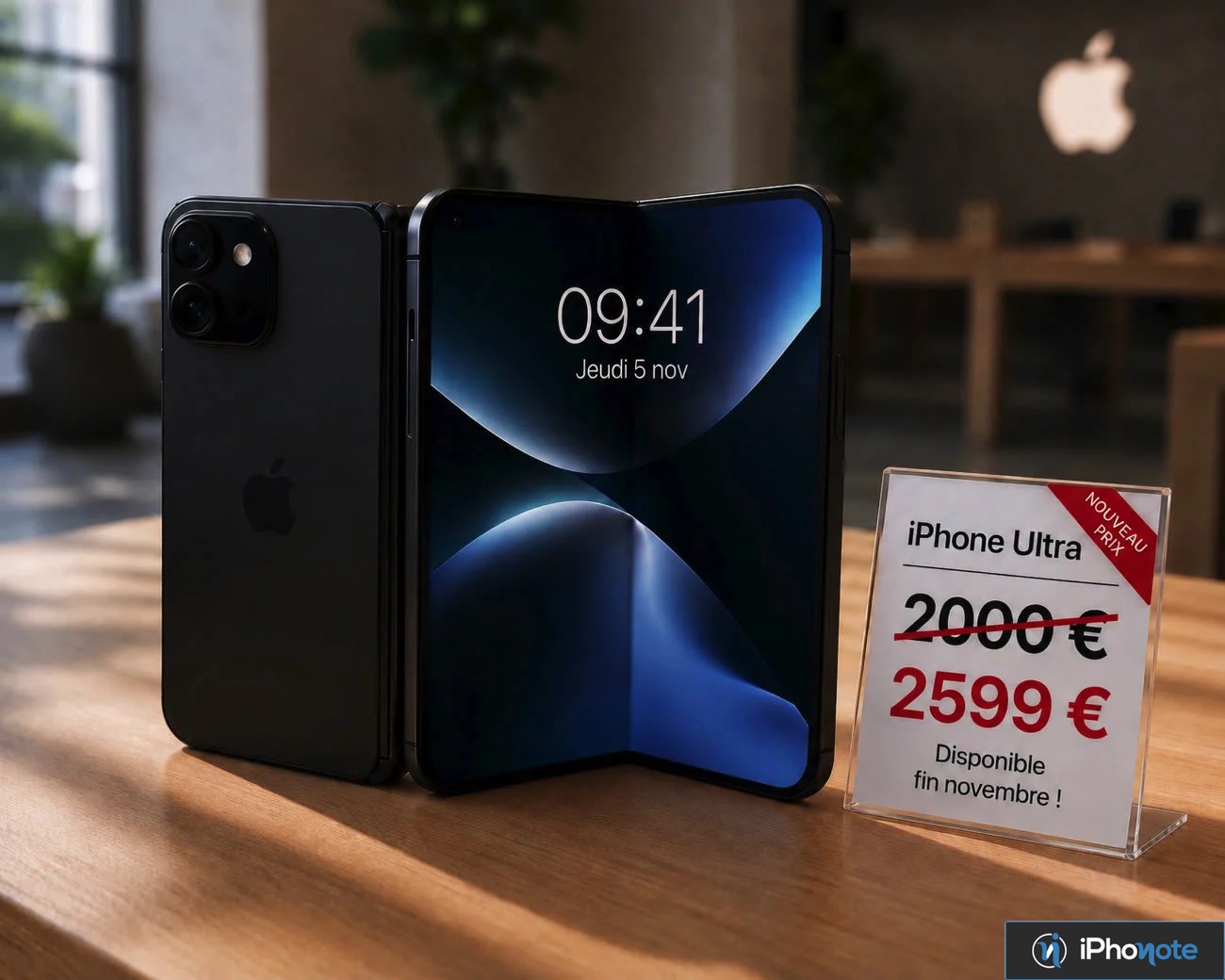 Prototype d’iPhone pliable exposé sur une table