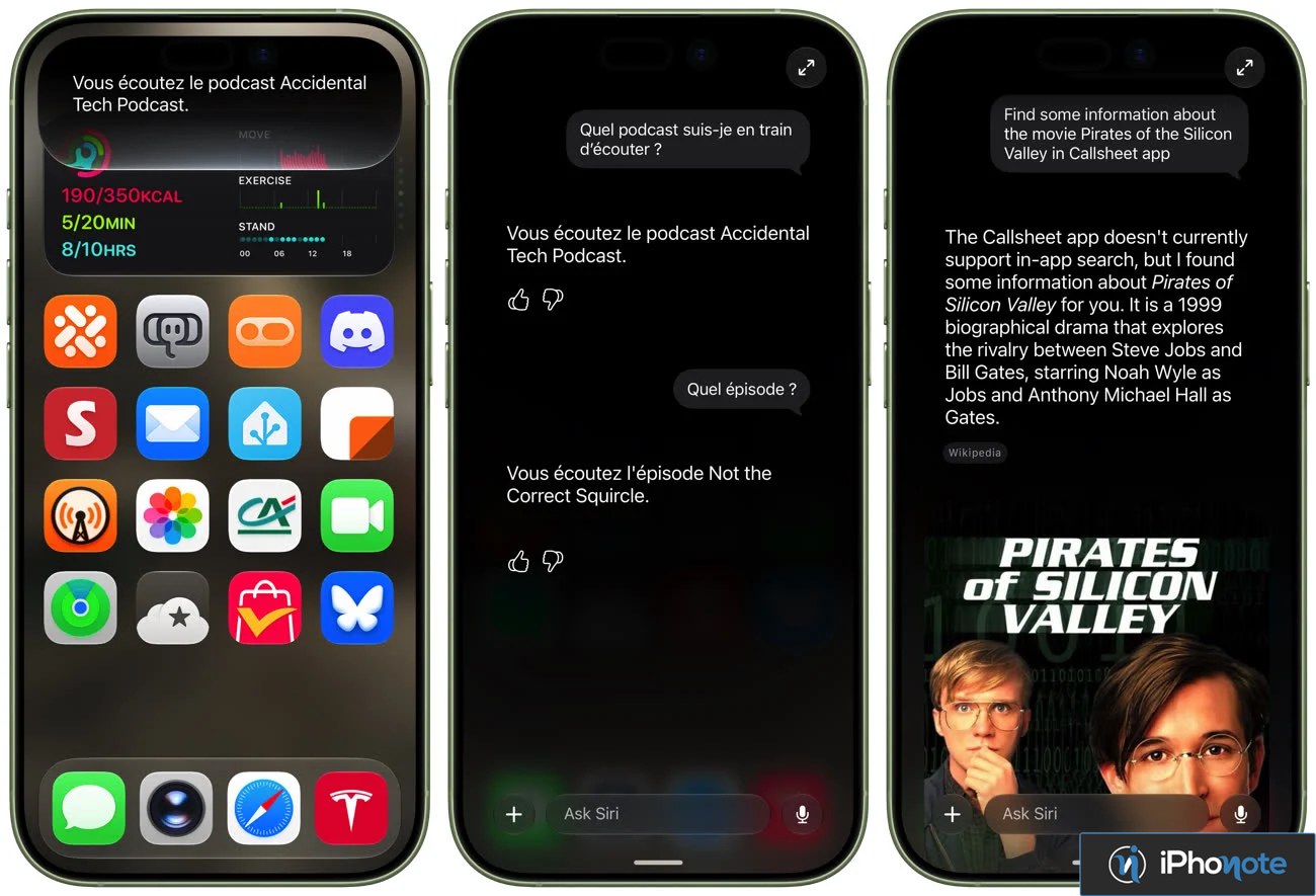 Capture d’écran de Siri AI dialoguant avec des apps tierces