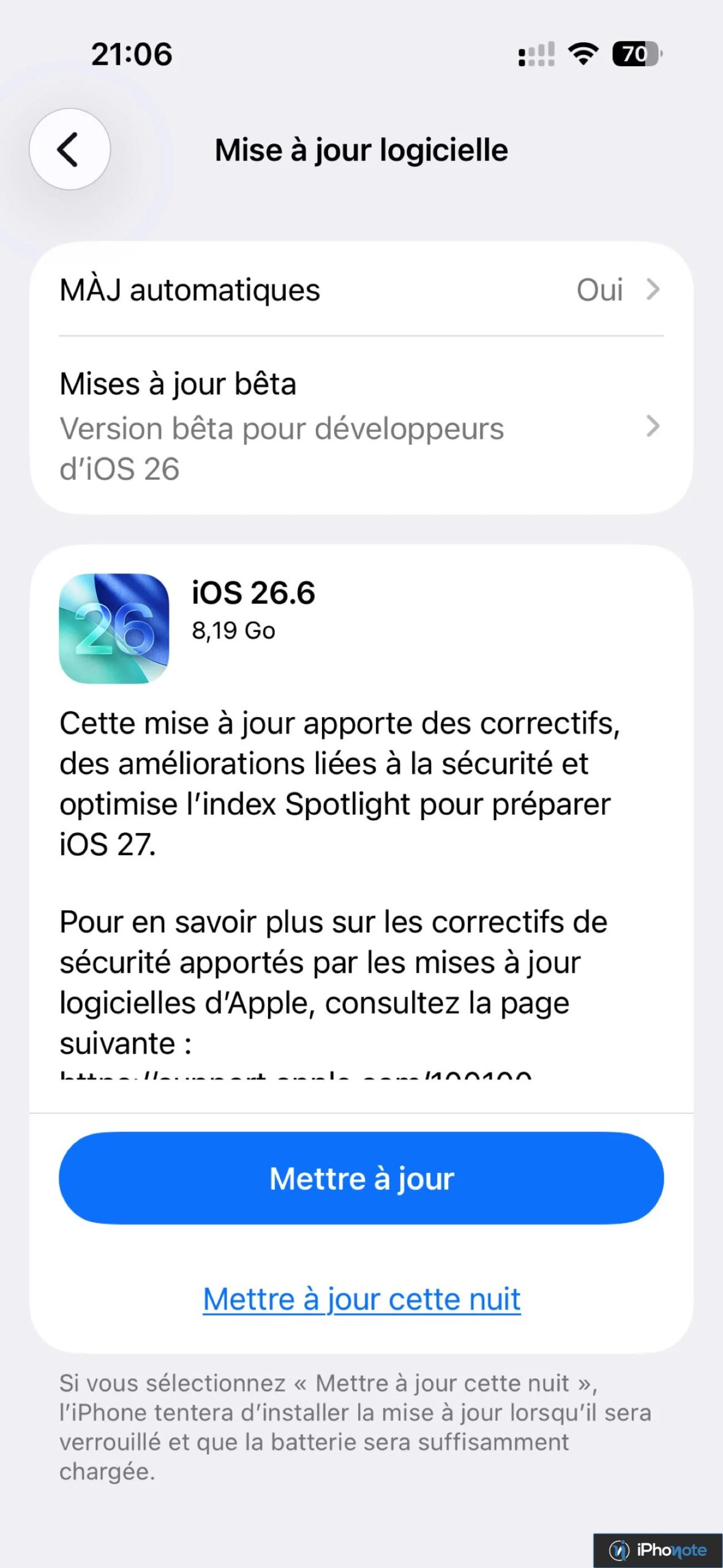 Écran de mise à jour iOS 26.6 sur iPhone