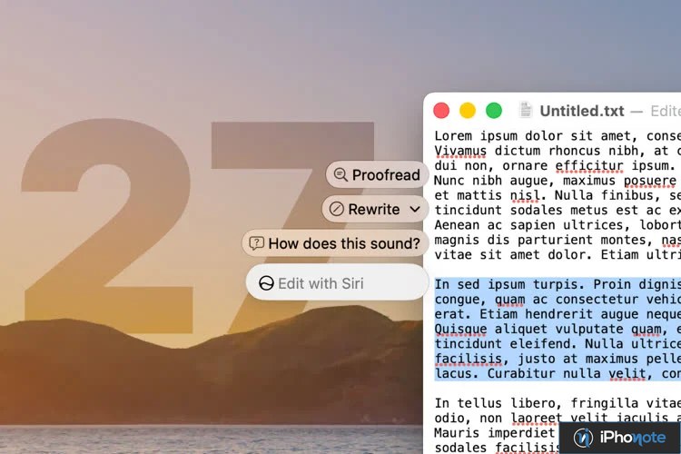 Capture d’écran de TextEdit avec outils d’écriture Siri dans macOS 27