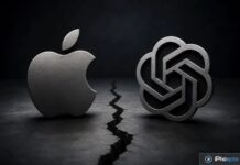 Logo Apple face au logo OpenAI fissuré