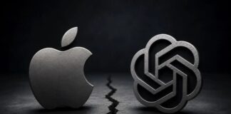 Logo Apple face au logo OpenAI fissuré