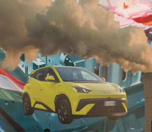 La Hongrie menace de fermer des usines de batteries après des cas de pollution Voiture électrique et fumée industrielle avec drapeau hongrois