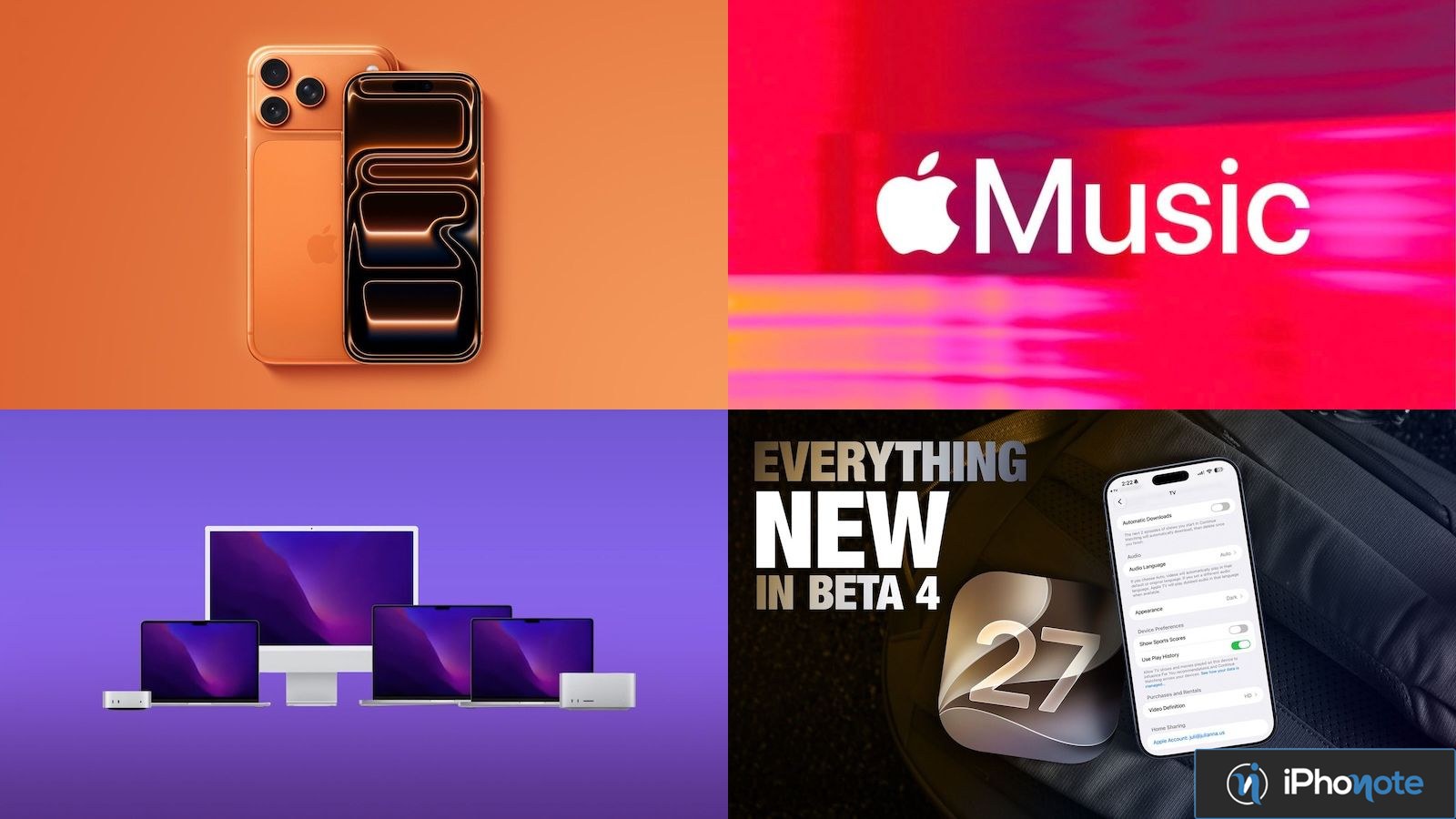 Montage Apple avec iPhone, Apple Music, Mac et iOS 27 beta