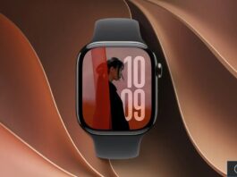 Apple Watch affichée sur fond abstrait brun