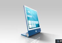 Rendu conceptuel d’un hub domestique Apple affichant des commandes domotiques