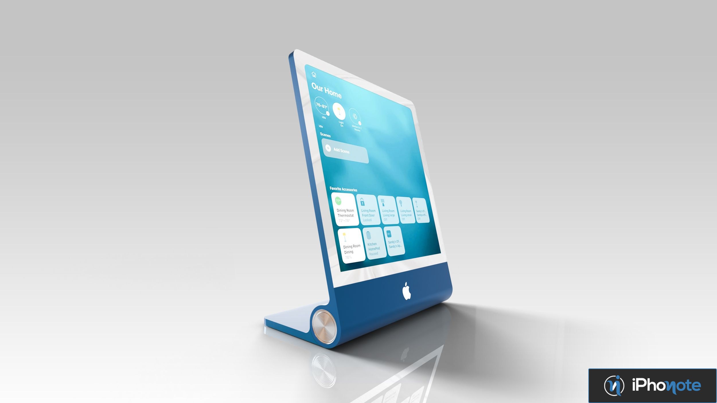 Rendu conceptuel d’un hub domestique Apple affichant des commandes domotiques