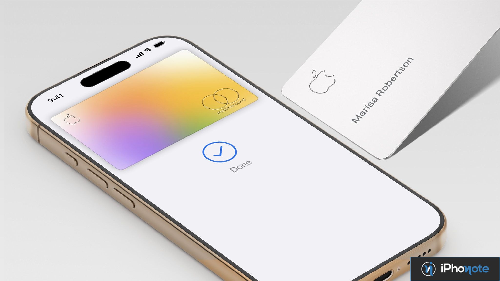 Rendu d’un iPhone affichant une carte Apple Card et une carte physique