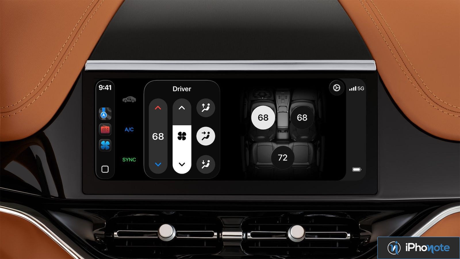 Interface CarPlay Ultra affichant les réglages de climatisation du véhicule