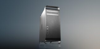 Mac Pro en aluminium présenté de face sur fond sombre