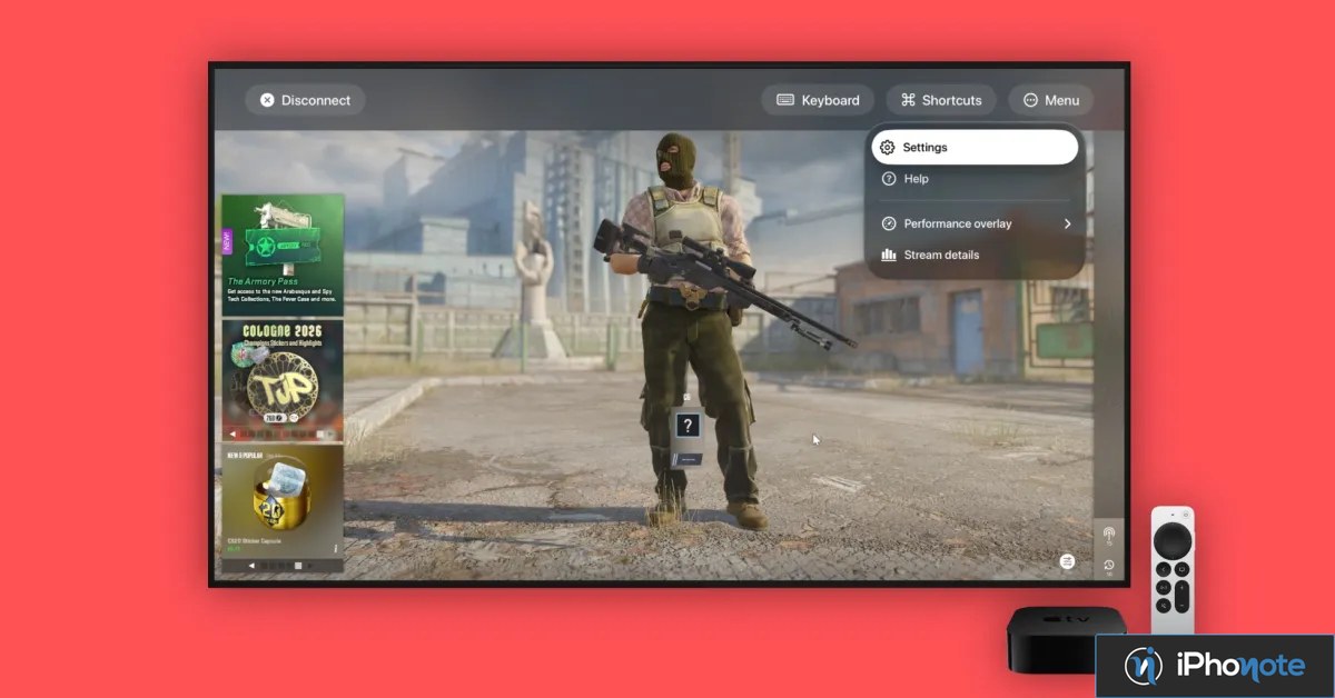 Application de jeu en nuage affichée sur Apple TV avec télécommande