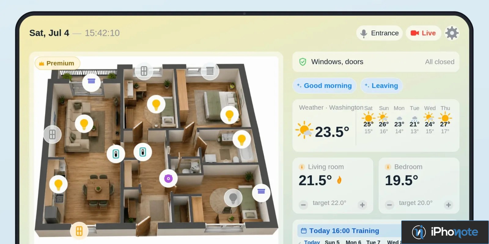 Application de maison connectée montrant plan et températures