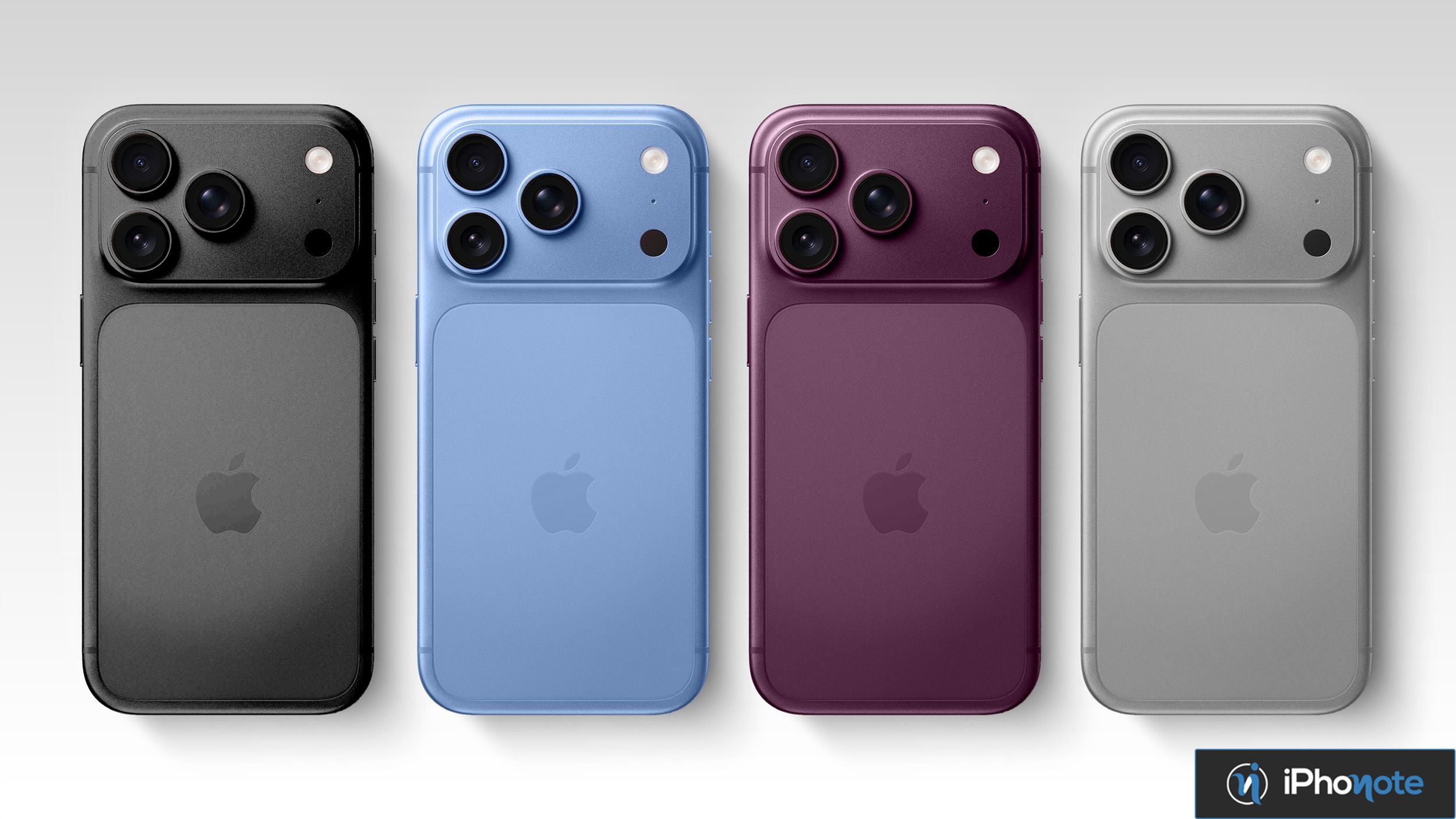 Quatre iPhone Pro présentés de dos dans différentes couleurs