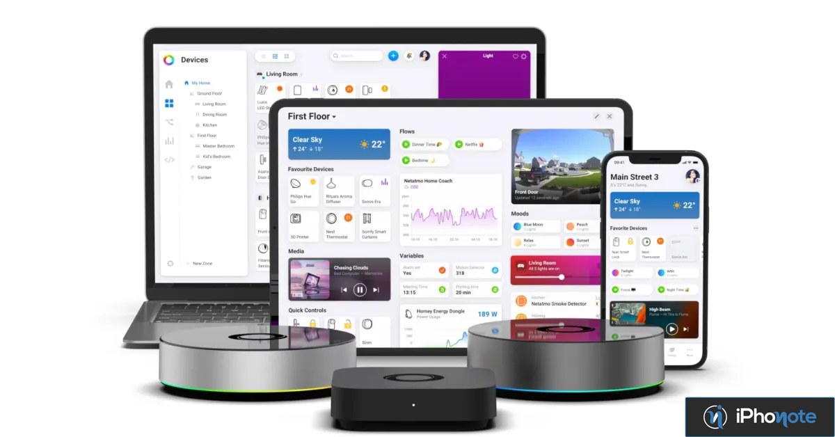 Produits Homey et applications domotiques affichés sur plusieurs appareils