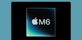 Ordinateur portable affichant le logo Apple M6 sur écran noir