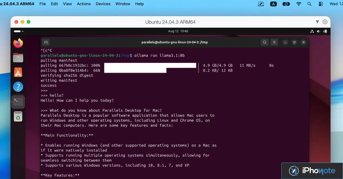 Terminal Ubuntu dans une machine virtuelle Parallels exécutant un modèle d’IA local
