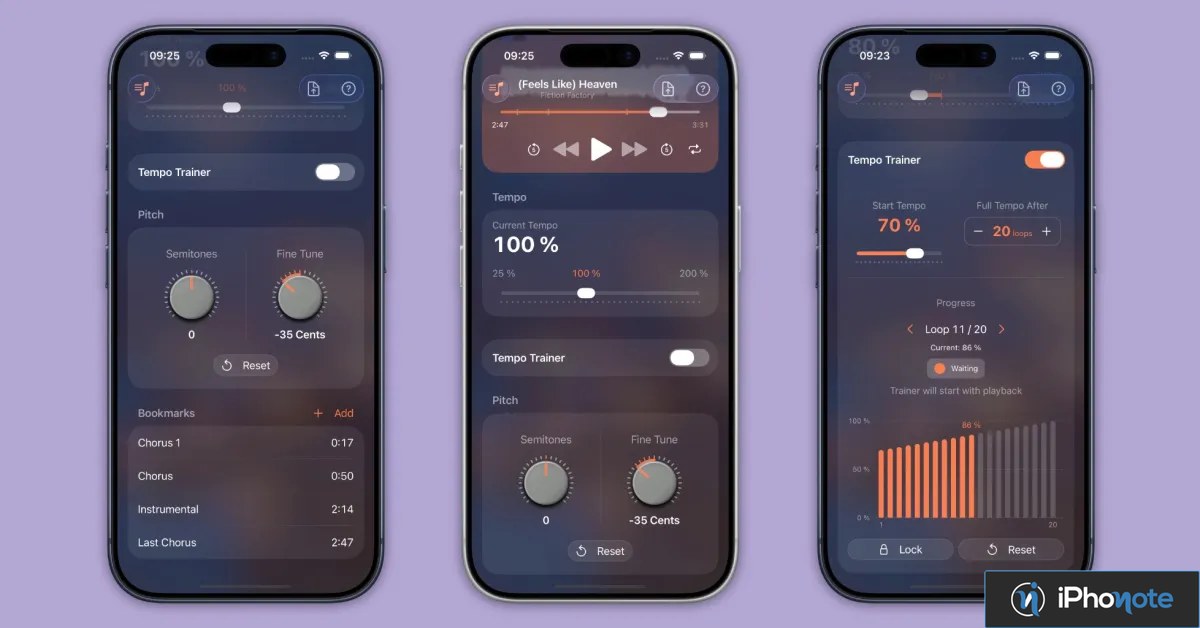 Trois écrans iPhone montrent les outils d’apprentissage musical de Pocket Jam
