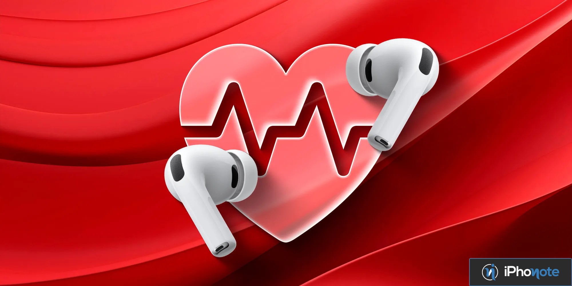 AirPods Pro blancs devant une illustration de rythme cardiaque rouge