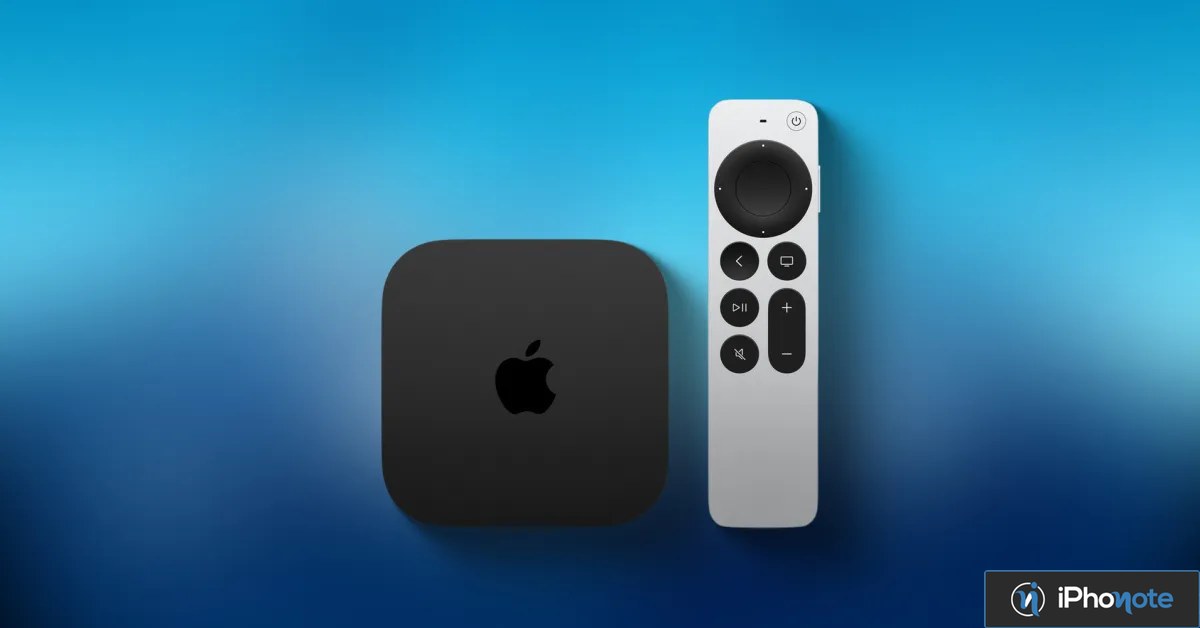 Apple TV 4K avec télécommande Siri Remote sur fond bleu