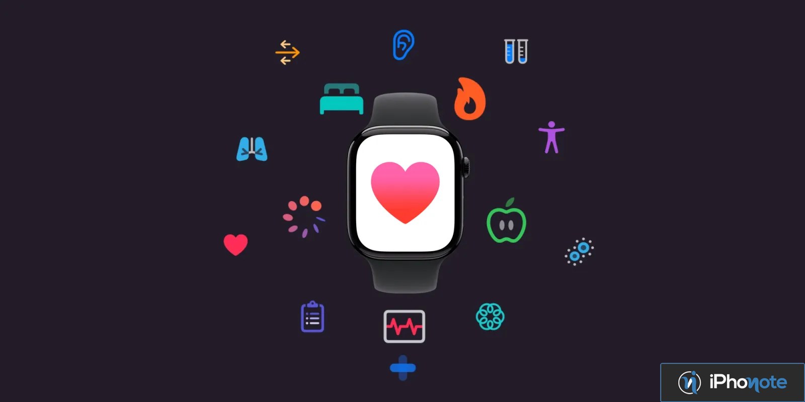 Apple Watch entourée d’icônes colorées liées à la santé
