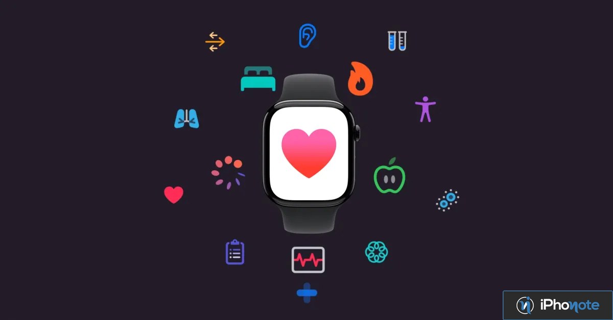 Apple Watch entourée d’icônes de fonctionnalités de santé