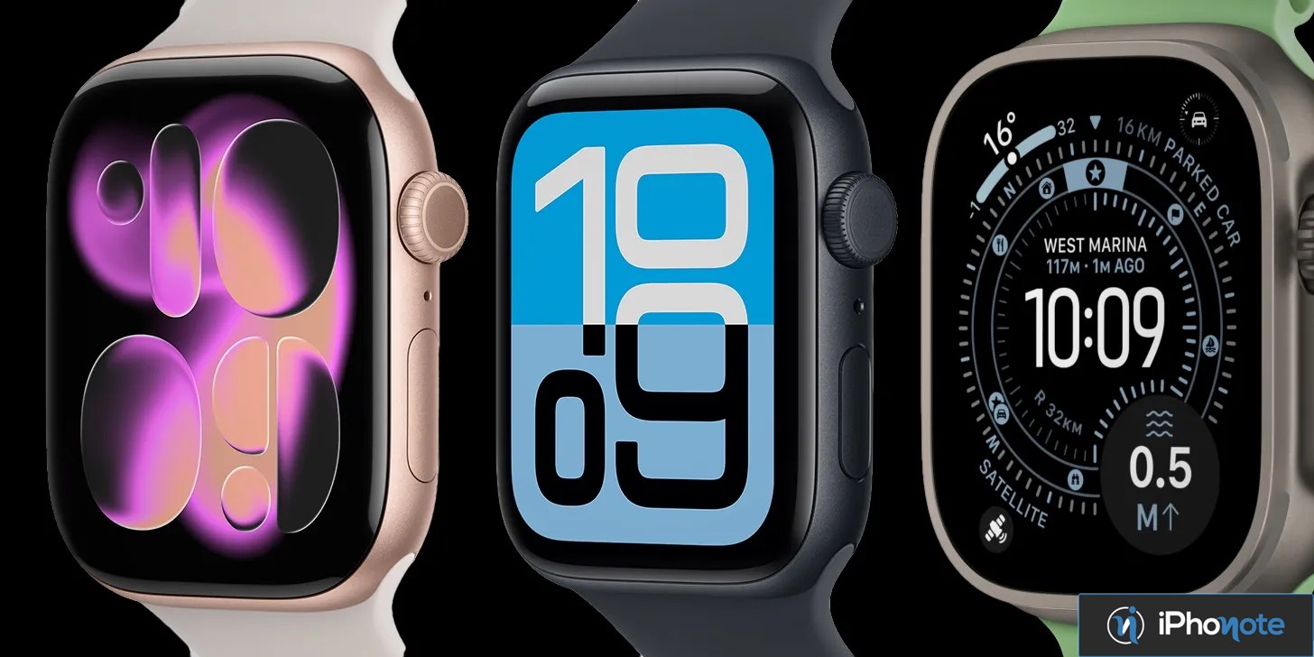 Trois modèles d’Apple Watch affichant différents cadrans sur fond noir