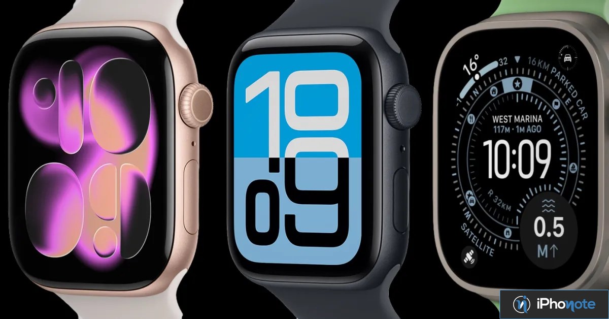 Trois modèles d’Apple Watch affichant différents cadrans sur fond noir