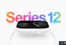 Rendu d’une Apple Watch Series 12 blanche, cadran noir affiché