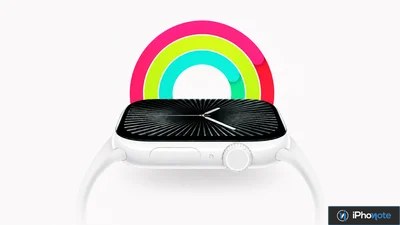 Rendu frontal d’une Apple Watch blanche avec anneaux colorés