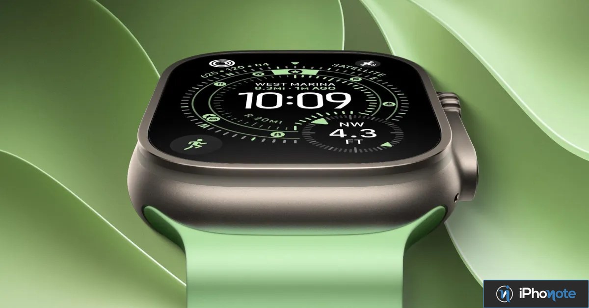 Rendu d’une Apple Watch Ultra avec boîtier métallique et bracelet vert