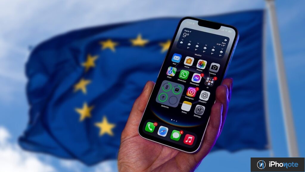 iPhone affichant des applications devant un drapeau de l’Union européenne