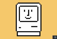 Illustration pixelisée d’un ordinateur Macintosh original sur fond jaune