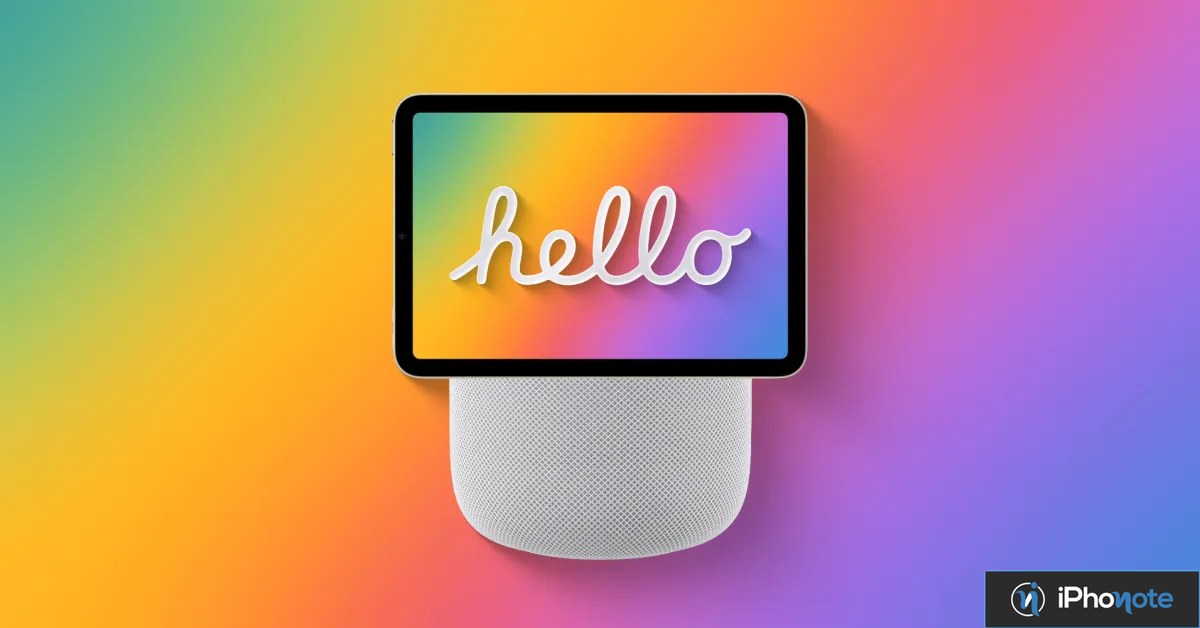 Illustration conceptuelle du HomePad, écran au-dessus d’une enceinte blanche