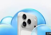 Rendu d’un iPhone entouré de nuages bleus évoquant iCloud