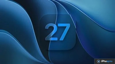 Illustration graphique bleue représentant iOS 27