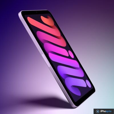 Rendu incliné d’une tablette compacte affichant un fond d’écran abstrait coloré.