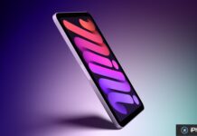 Rendu d'une tablette compacte violette affichant un fond d'écran coloré