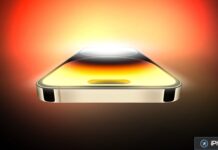 Rendu d’un iPhone affichant un écran lumineux
