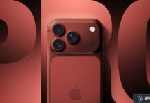 Vue arrière d’un iPhone Pro rouge avec trois caméras