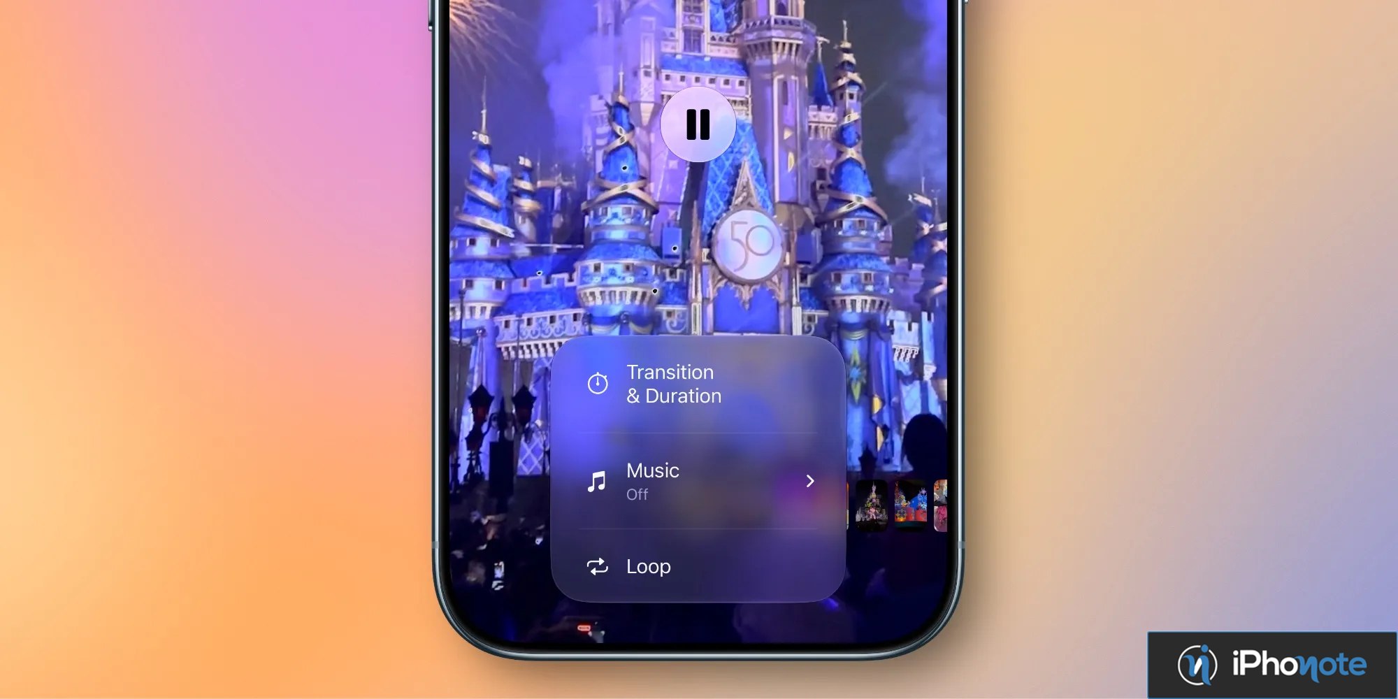 Écran d’iPhone montrant les réglages d’un diaporama dans Photos