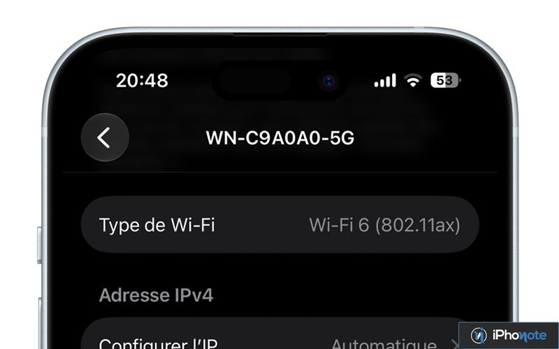 Réglages Wi-Fi d’un iPhone affichant le type Wi-Fi 6