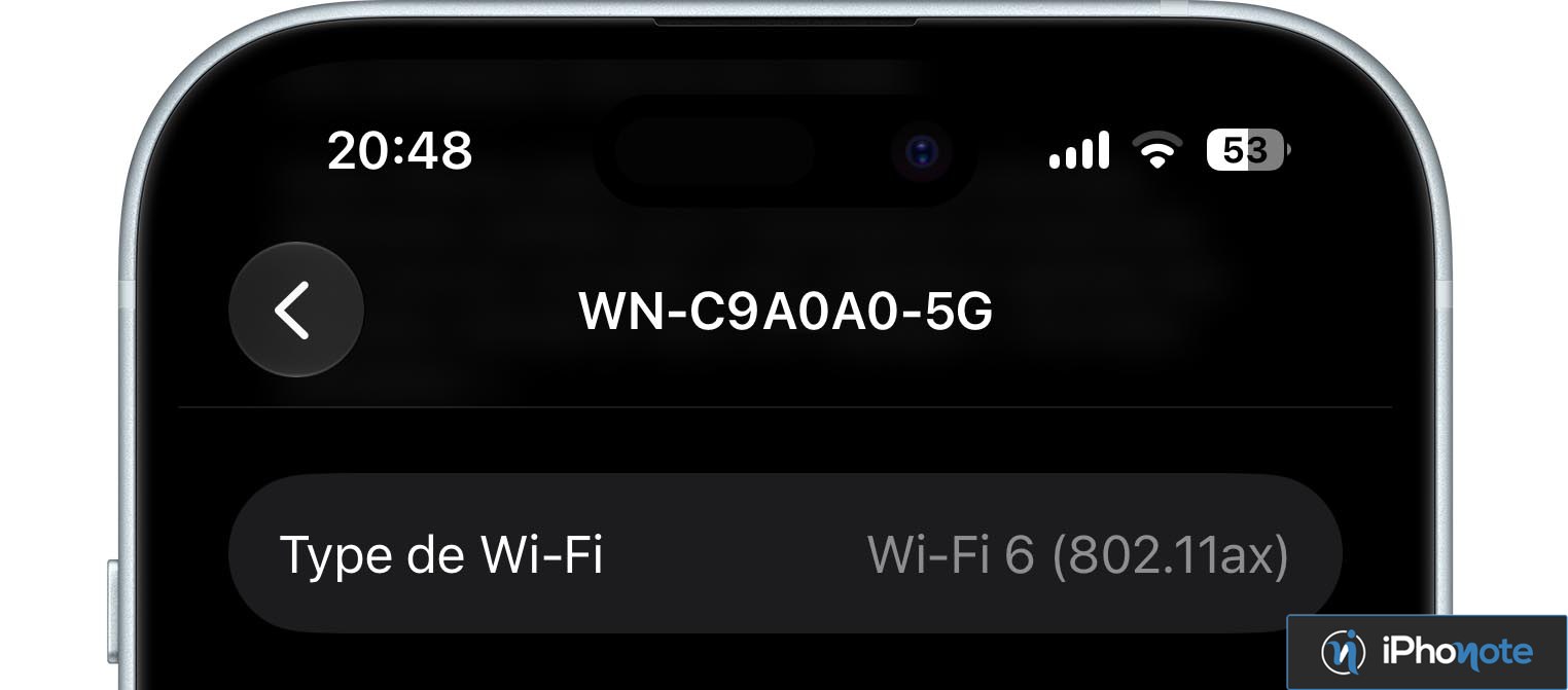 Écran iPhone indiquant la norme Wi-Fi 6 utilisée