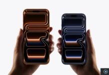 Deux smartphones Apple tenus côte à côte, aux écrans orange et bleu