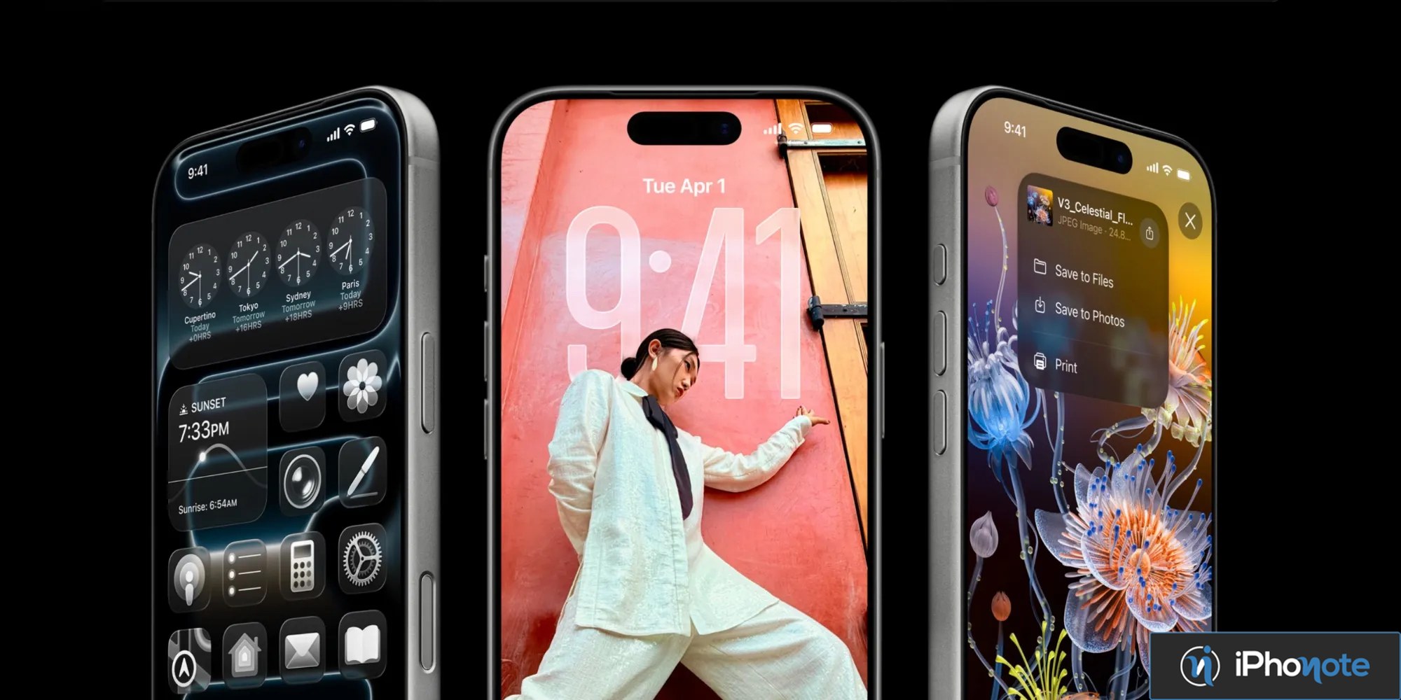 Rendu de trois iPhone montrant leurs écrans et leurs bordures