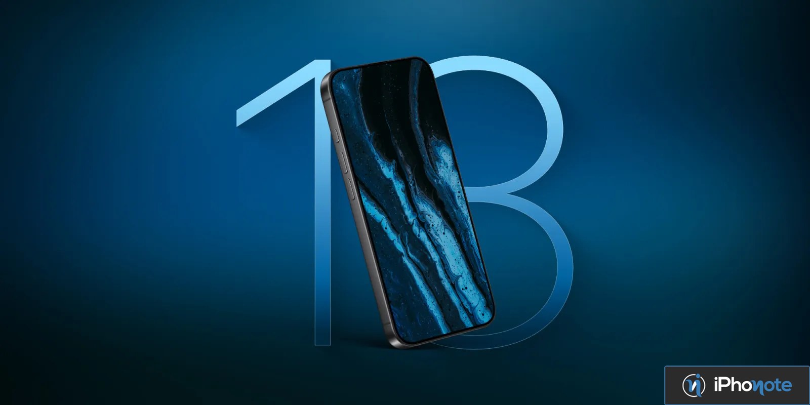 Rendu conceptuel d’un iPhone 18 incliné sur fond bleu