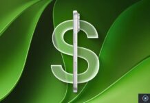 Rendu d’un iPhone vu de profil devant un symbole dollar vert