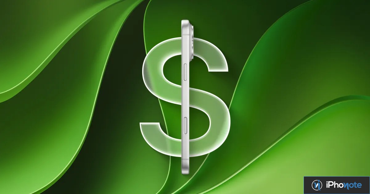 Rendu d’un iPhone vu de profil devant un symbole dollar vert