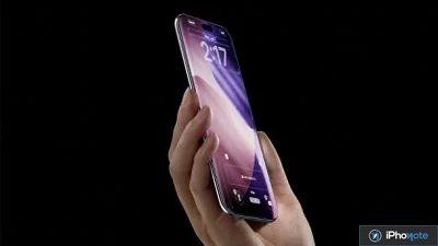 Rendu d’un iPhone à écran incurvé tenu dans une main