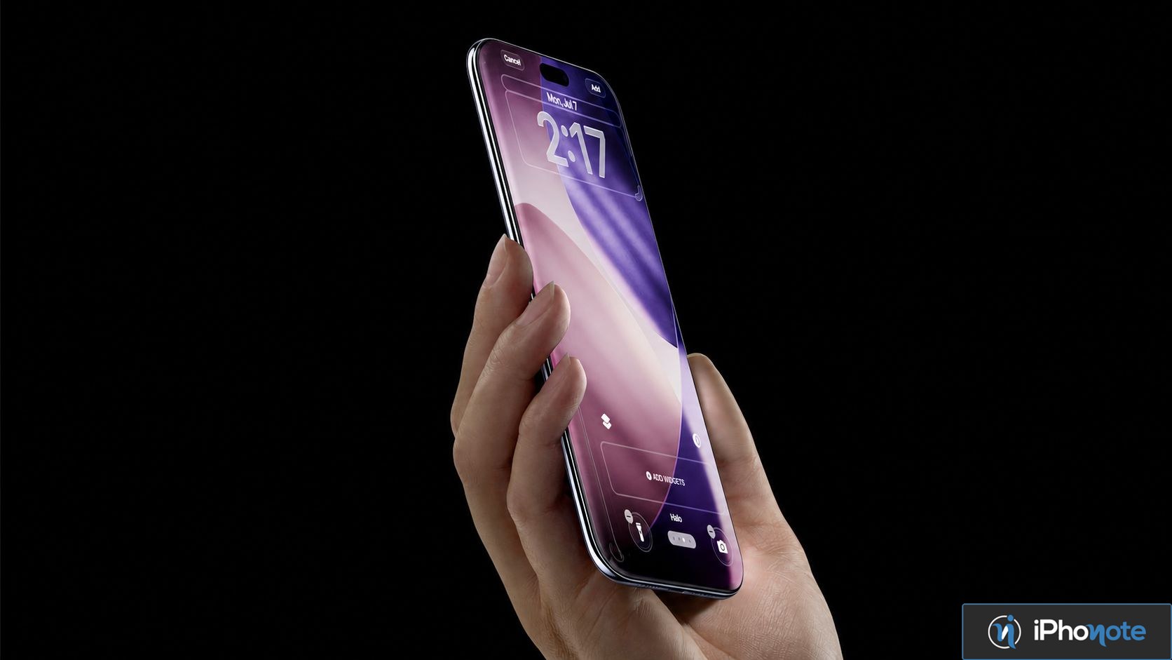 Rendu d’un iPhone à écran incurvé tenu dans une main
